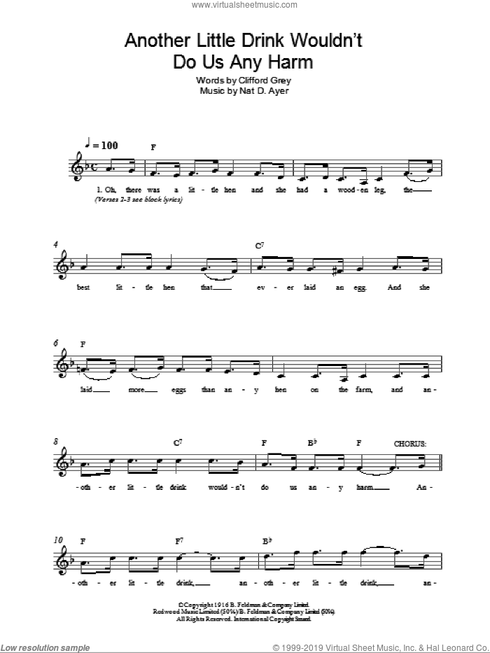 Another Little Drink Wouldn't Do Us Any Harm sheet music for voice and other instruments (fake book) by Clifford Grey and Nat D Ayer, intermediate skill level
