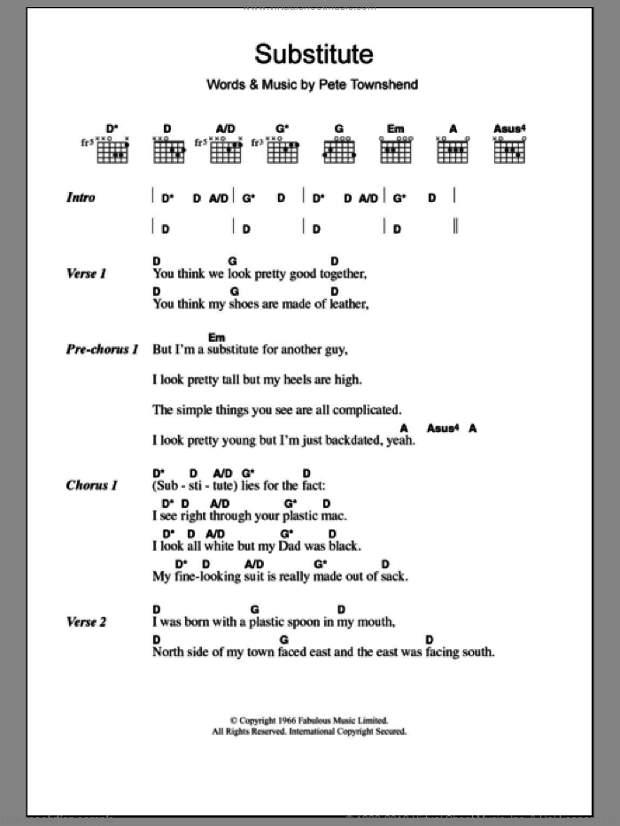 Substitute sheet music for guitar (chords) by The Who and Pete Townshend, intermediate skill level