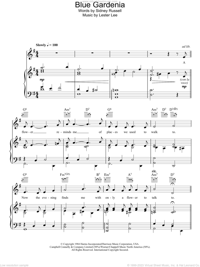 Blue Gardenia sheet music for voice, piano or guitar by Nat King Cole, Lester Lee and Sidney Russell, intermediate skill level