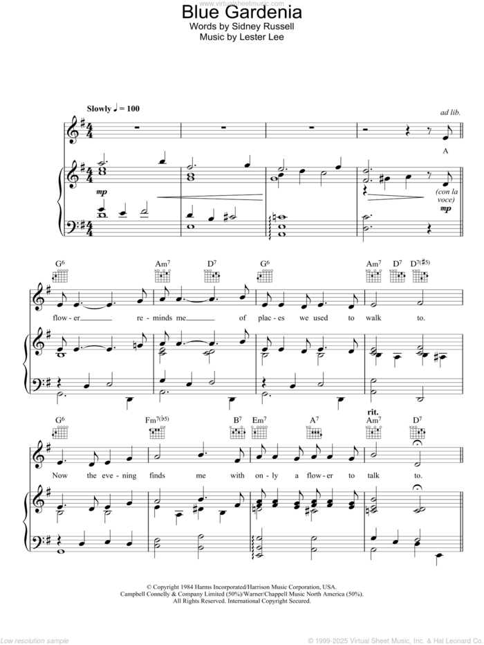 Blue Gardenia sheet music for voice, piano or guitar by Nat King Cole, Lester Lee and Sidney Russell, intermediate skill level