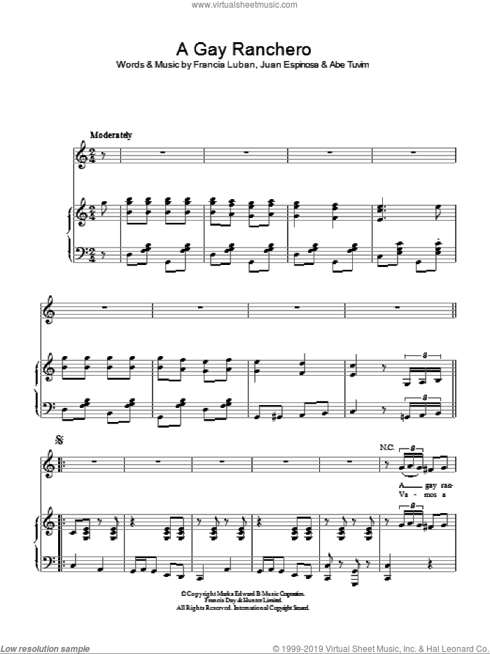 A Gay Ranchero sheet music for voice, piano or guitar by Gene Autry, Abe Tuvim, Francia Luban and Juan Espinosa, intermediate skill level
