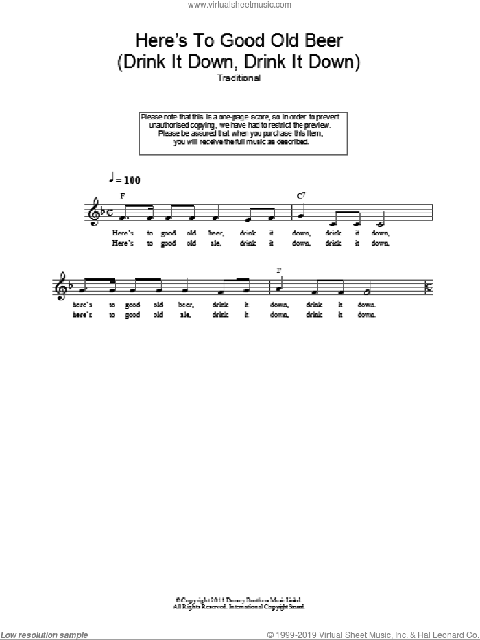 Here's To Good Old Beer (Drink It Down, Drink It Down) sheet music for voice and other instruments (fake book), intermediate skill level