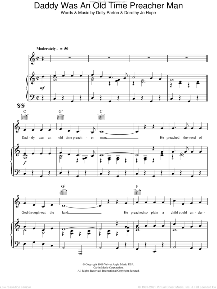 Daddy Was An Old Time Preacher Man sheet music for voice, piano or guitar by Dolly Parton and Dorothy Jo Hope, intermediate skill level