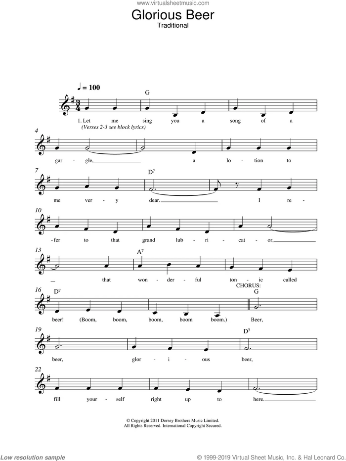Glorious Beer sheet music for voice and other instruments (fake book), intermediate skill level