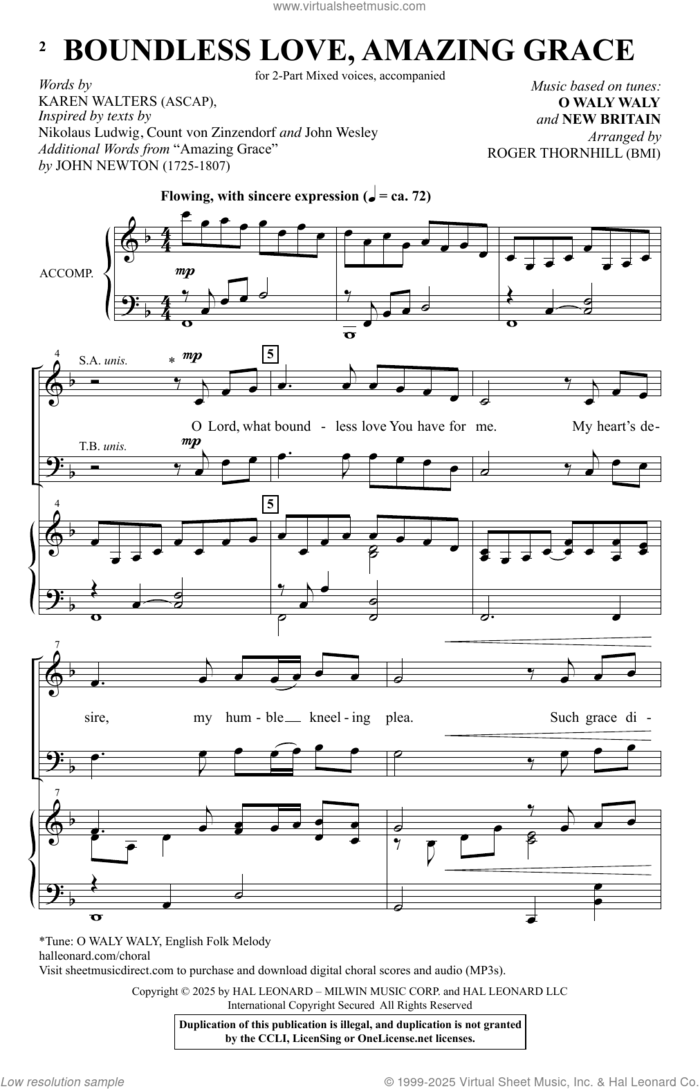 Boundless Love, Amazing Grace sheet music for choir (2-Part Mixed) by John Newton, Roger Thornhill, John Wesley, Karen Walters and Nikolaus Ludwig von Zinzendorf, intermediate skill level