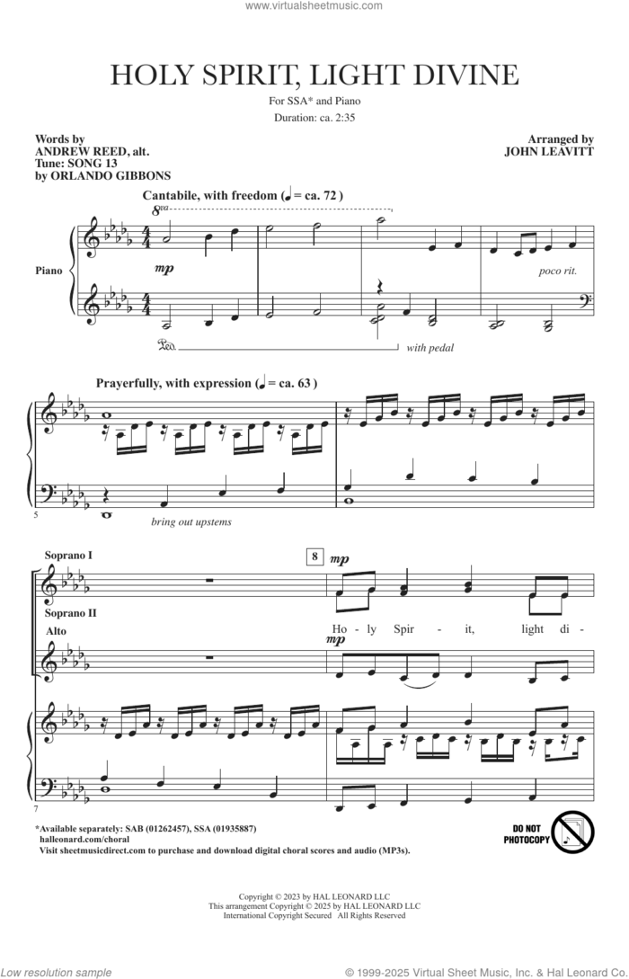 Holy Spirit, Light Divine sheet music for choir (SSA: soprano, alto) by Orlando Gibbons, John Leavitt and Andrew Reed, intermediate skill level