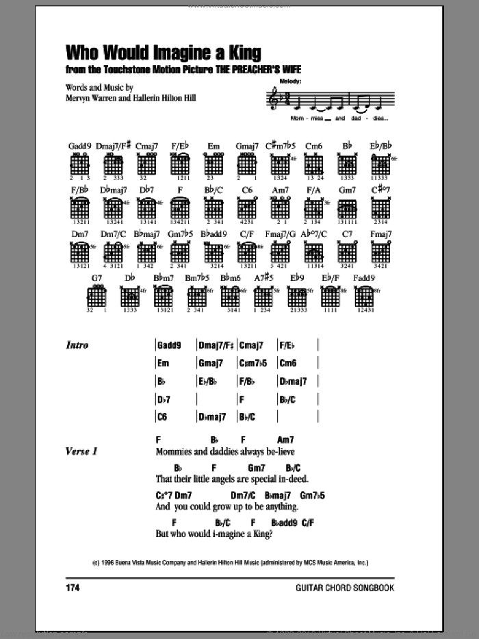Who Would Imagine A King sheet music for guitar (chords) by Whitney Houston, Hallerin Hilton Hill and Mervyn Warren, intermediate skill level