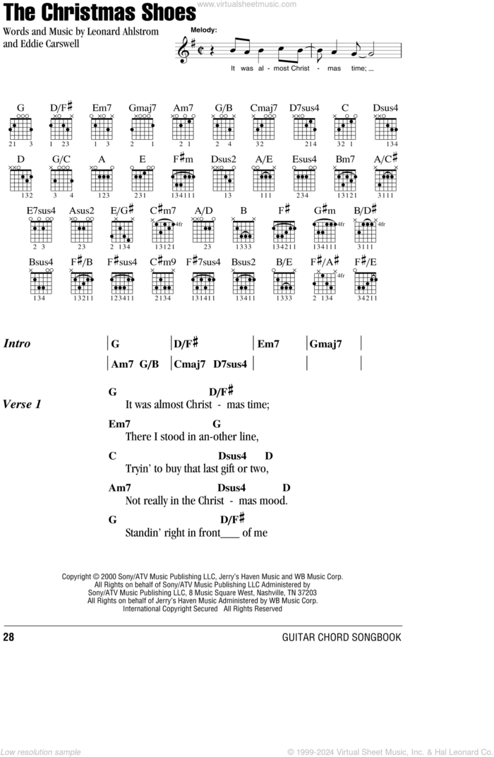 The Christmas Shoes sheet music for guitar (chords) by Newsong, 3 Of Hearts, Eddie Carswell and Leonard Ahlstrom, intermediate skill level