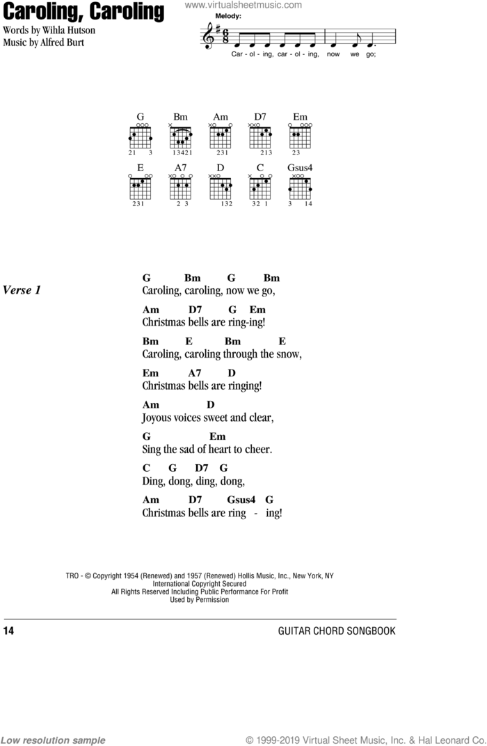 Caroling, Caroling sheet music for guitar (chords) by Nat King Cole, Alfred Burt and Wihla Hutson, intermediate skill level