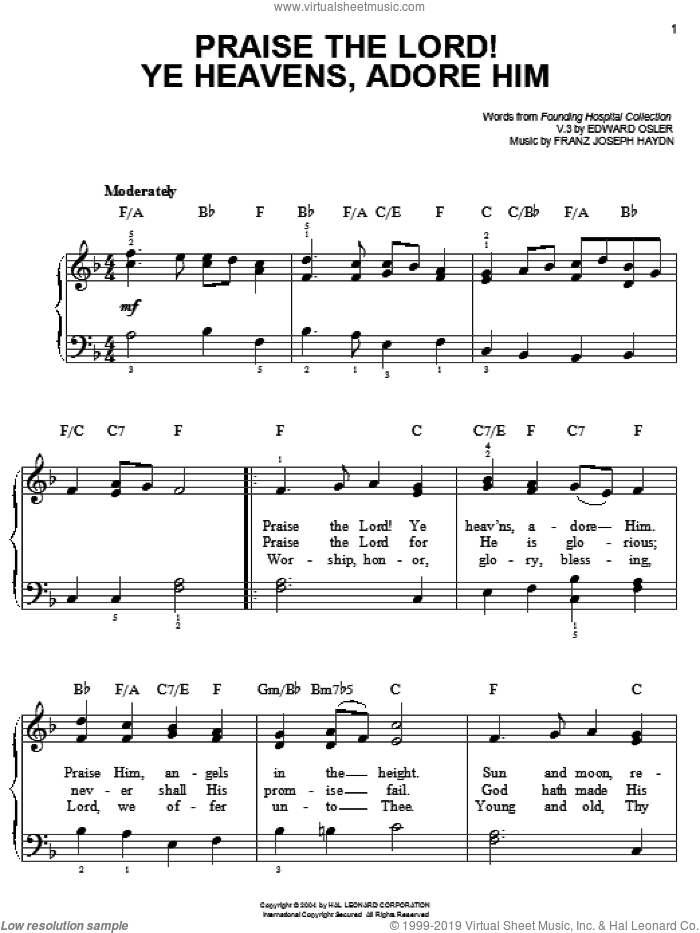 Praise The Lord! Ye Heavens, Adore Him sheet music for piano solo by Franz Joseph Haydn, Edward Osler and Miscellaneous, classical score, easy skill level