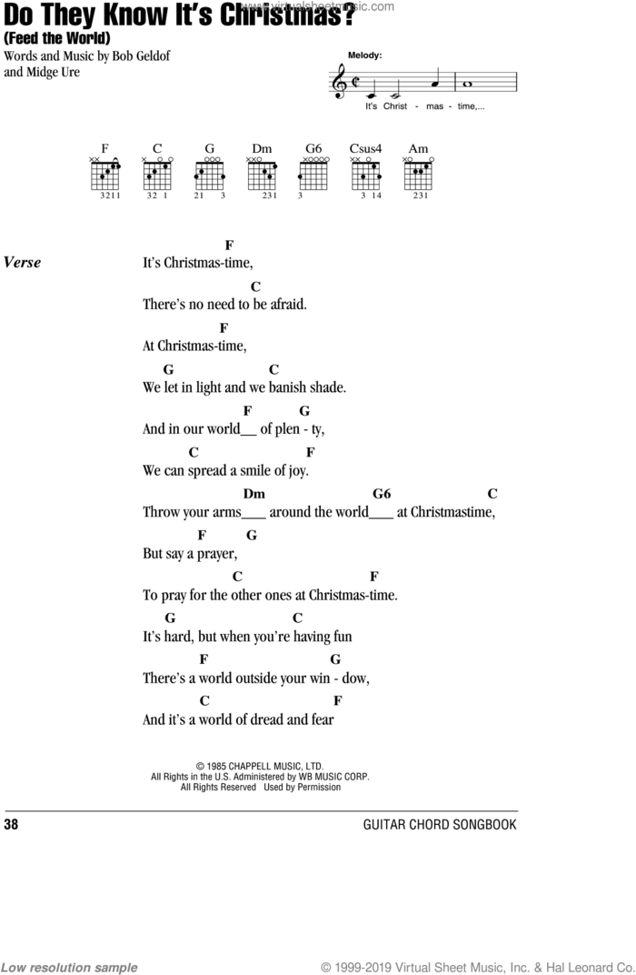 Do They Know It's Christmas? sheet music for guitar (chords) by Band Aid, B. Geldof and Midge Ure, intermediate skill level