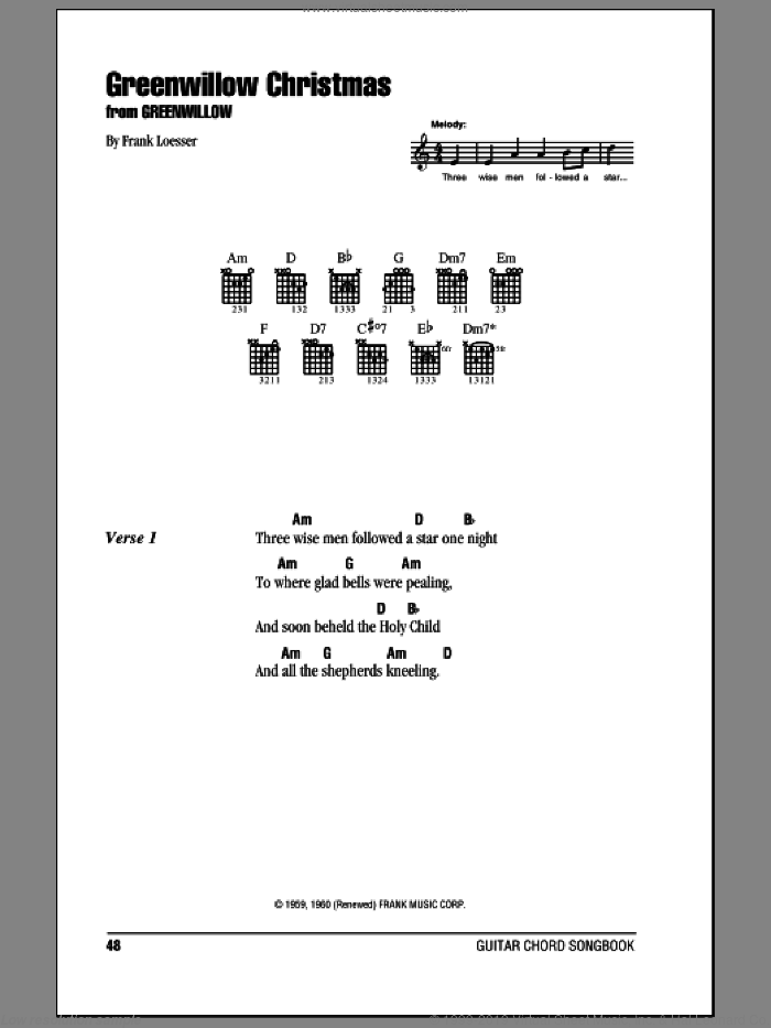 Greenwillow Christmas sheet music for guitar (chords) by Frank Loesser, intermediate skill level