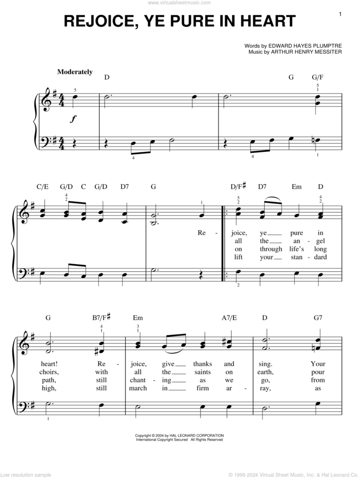 Rejoice, Ye Pure In Heart sheet music for piano solo by Edward Hayes Plumptre and Arthur Henry Messiter, easy skill level