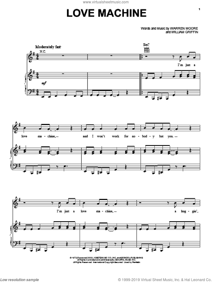 Love Machine sheet music for voice, piano or guitar by Miracles, Warren Moore and William L. Griffin Jr., intermediate skill level