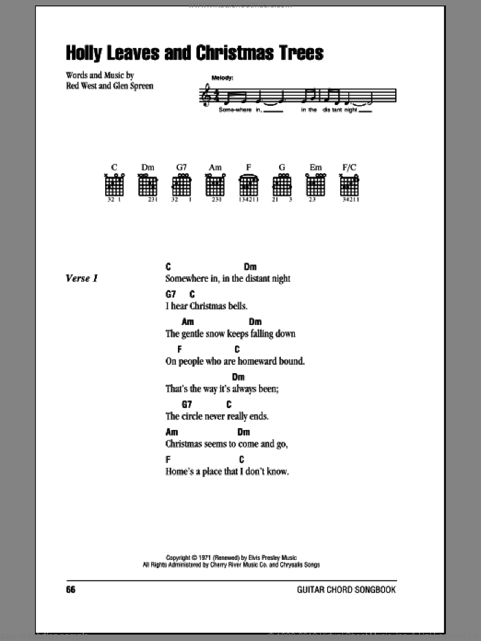 Holly Leaves And Christmas Trees sheet music for guitar (chords) by Elvis Presley, Glen Spreen and Red West, intermediate skill level