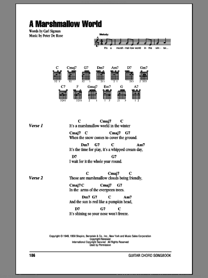 A Marshmallow World sheet music for guitar (chords) by Bing Crosby, Carl Sigman and Peter DeRose, intermediate skill level