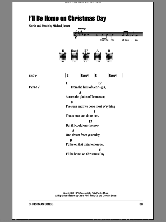 I'll Be Home On Christmas Day sheet music for guitar (chords) by Elvis Presley and Michael Jarrett, intermediate skill level