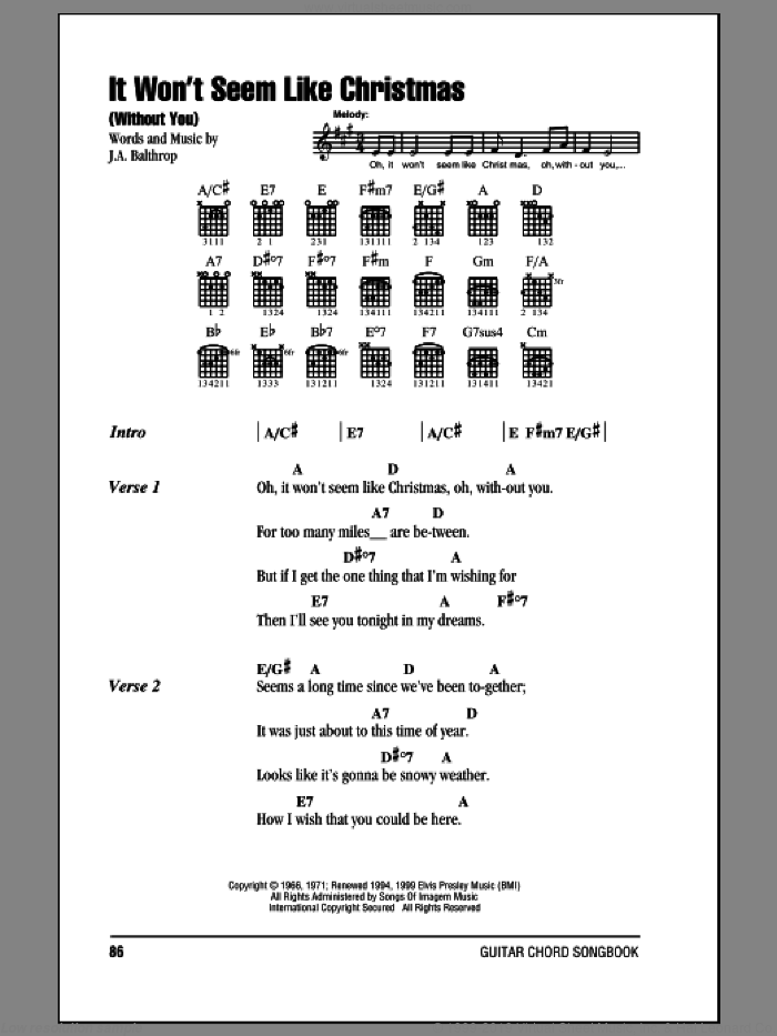It Won't Seem Like Christmas (Without You) sheet music for guitar (chords) by Elvis Presley and J.A. Balthrop, intermediate skill level