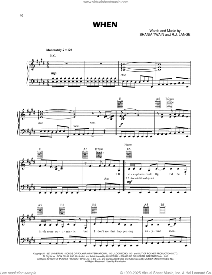 When sheet music for voice, piano or guitar by Shania Twain and Robert John Lange, intermediate skill level