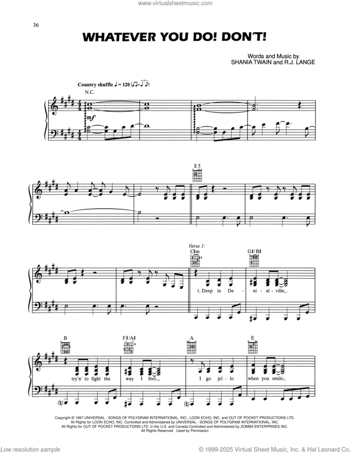 Whatever You Do! Don't! sheet music for voice, piano or guitar by Shania Twain and Robert John Lange, intermediate skill level