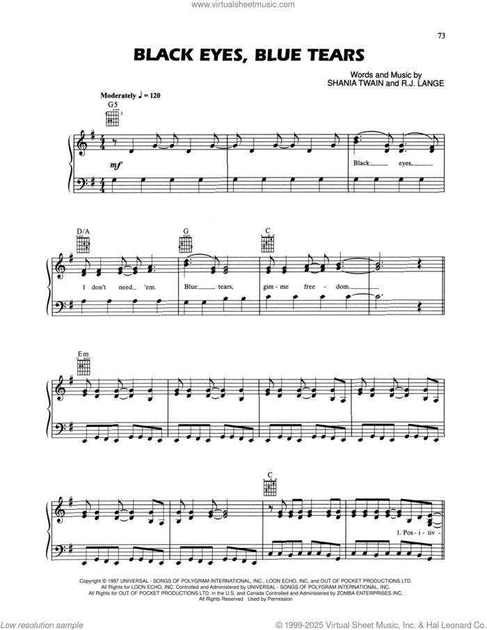 Black Eyes, Blue Tears sheet music for voice, piano or guitar by Shania Twain and Robert John Lange, intermediate skill level
