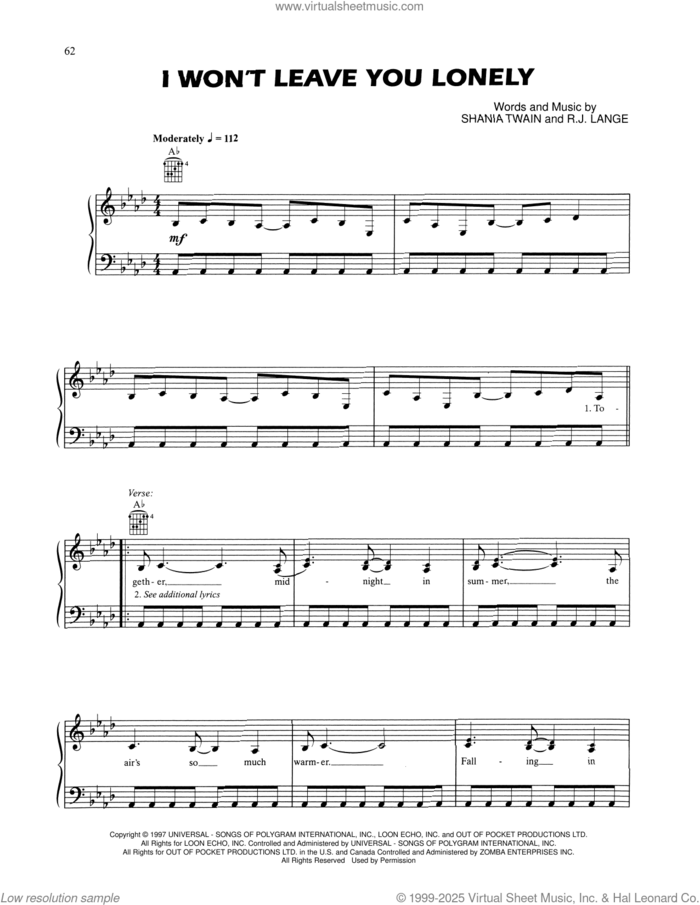 I Won't Leave You Lonely sheet music for voice, piano or guitar by Shania Twain and Robert John Lange, intermediate skill level