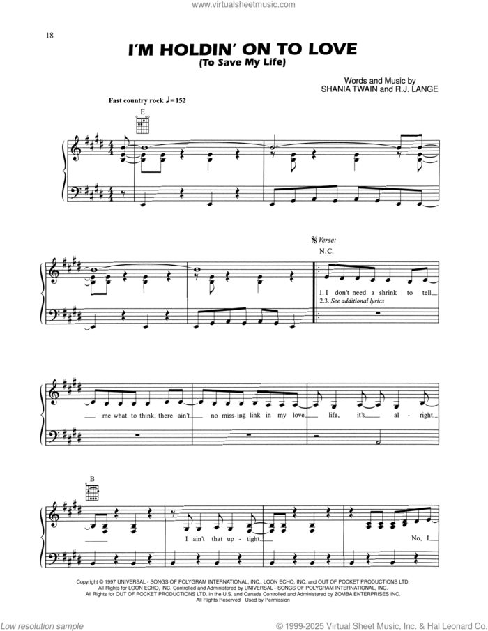 I'm Holdin' On To Love (To Save My Life) sheet music for voice, piano or guitar by Shania Twain and Robert John Lange, intermediate skill level