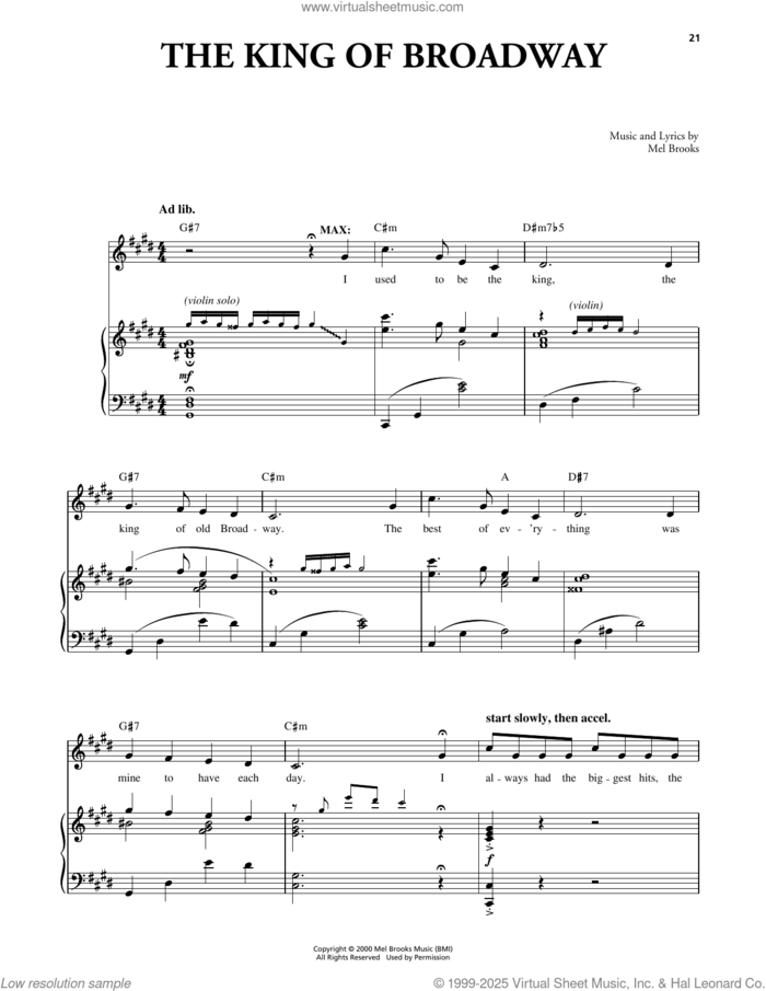 The King Of Broadway (from The Producers) sheet music for voice and piano by Mel Brooks, classical score, intermediate skill level