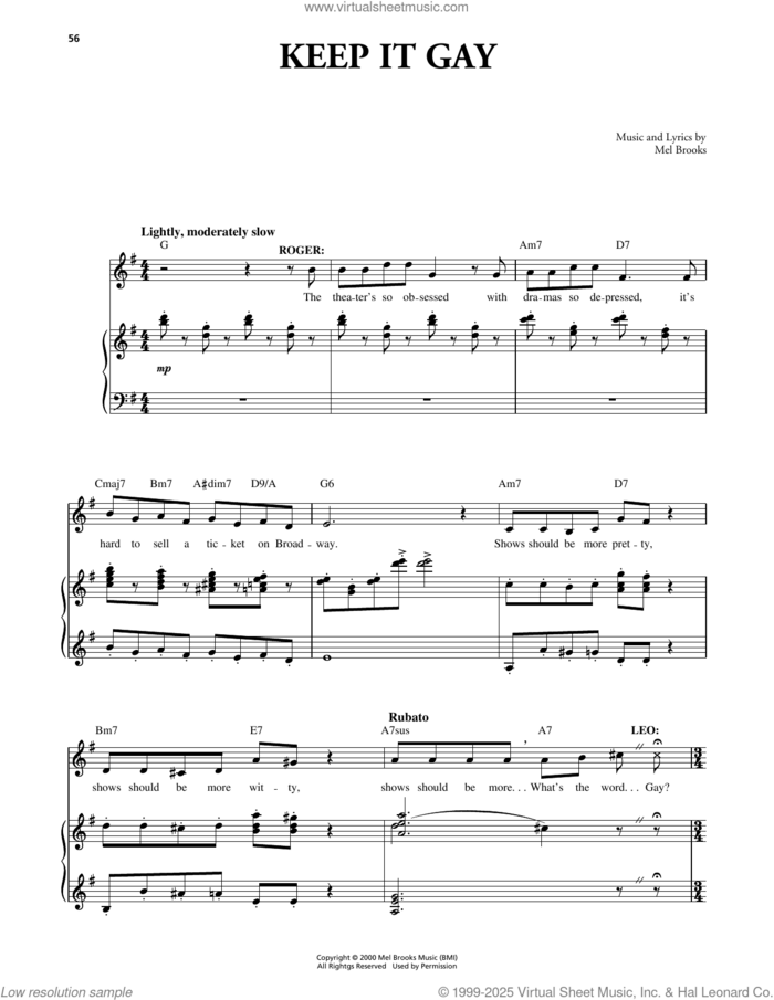 Keep It Gay (from The Producers) sheet music for voice and piano by Mel Brooks, intermediate skill level