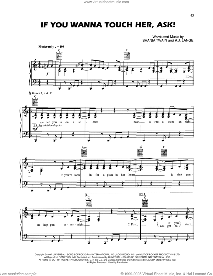 If You Wanna Touch Her, Ask! sheet music for voice, piano or guitar by Shania Twain and Robert John Lange, intermediate skill level