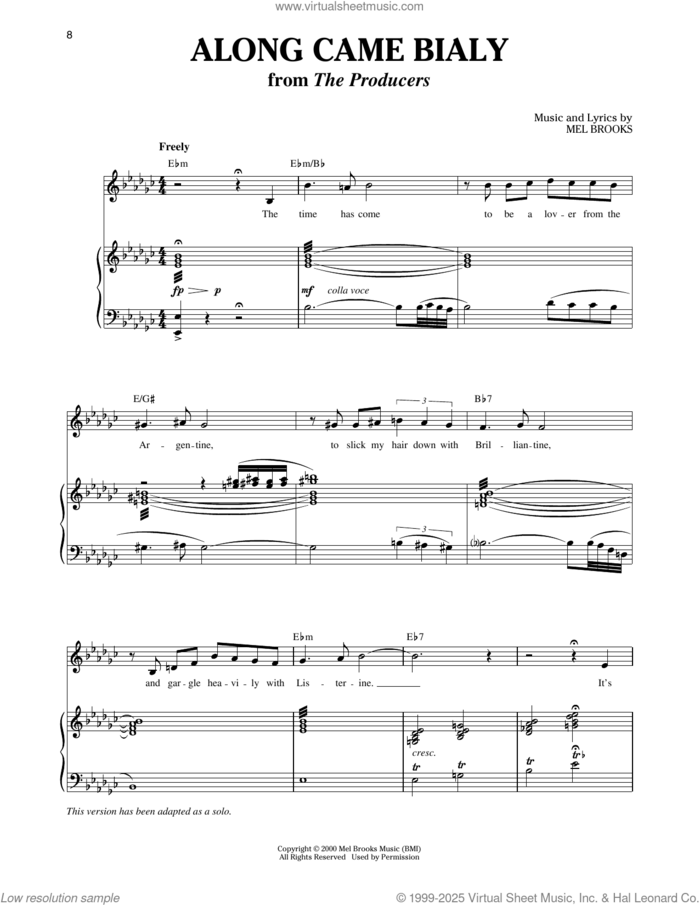Along Came Bialy (from The Producers) sheet music for voice and piano by Mel Brooks and Richard Walters, intermediate skill level