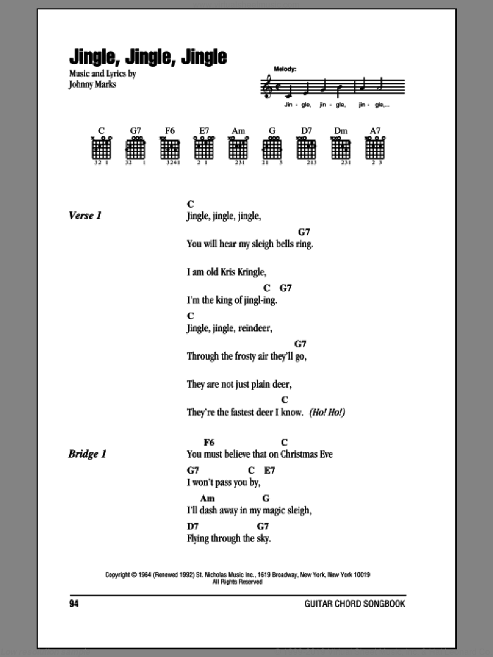 Jingle, Jingle, Jingle sheet music for guitar (chords) by Johnny Marks, intermediate skill level