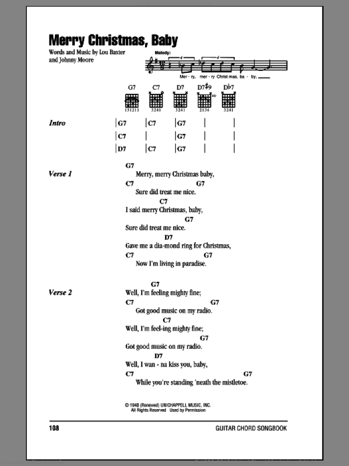 Merry Christmas, Baby sheet music for guitar (chords) by Elvis Presley, Johnny Moore and Lou Baxter, intermediate skill level
