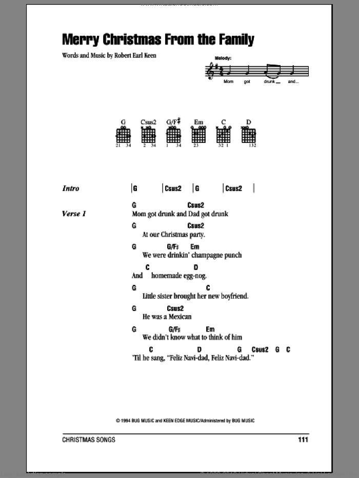 Merry Christmas From The Family sheet music for guitar (chords) by Robert Earl Keen, intermediate skill level