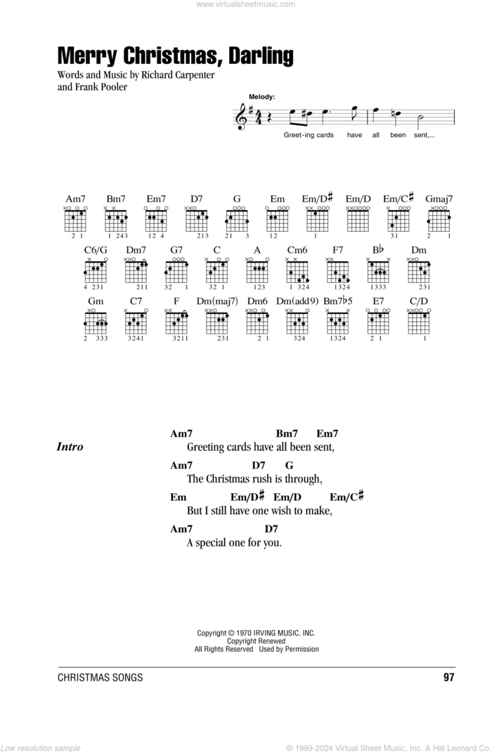 Merry Christmas, Darling sheet music for guitar (chords) by Carpenters, Frank Pooler and Richard Carpenter, intermediate skill level