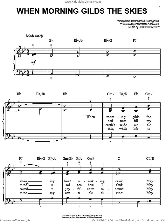 When Morning Gilds The Skies sheet music for piano solo by Katholisches Gesangbuch, Edward Caswall and Joseph Barnby, easy skill level