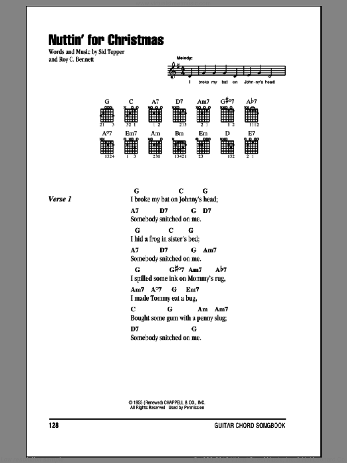 Nuttin' For Christmas sheet music for guitar (chords) by Roy Bennett and Sid Tepper, intermediate skill level