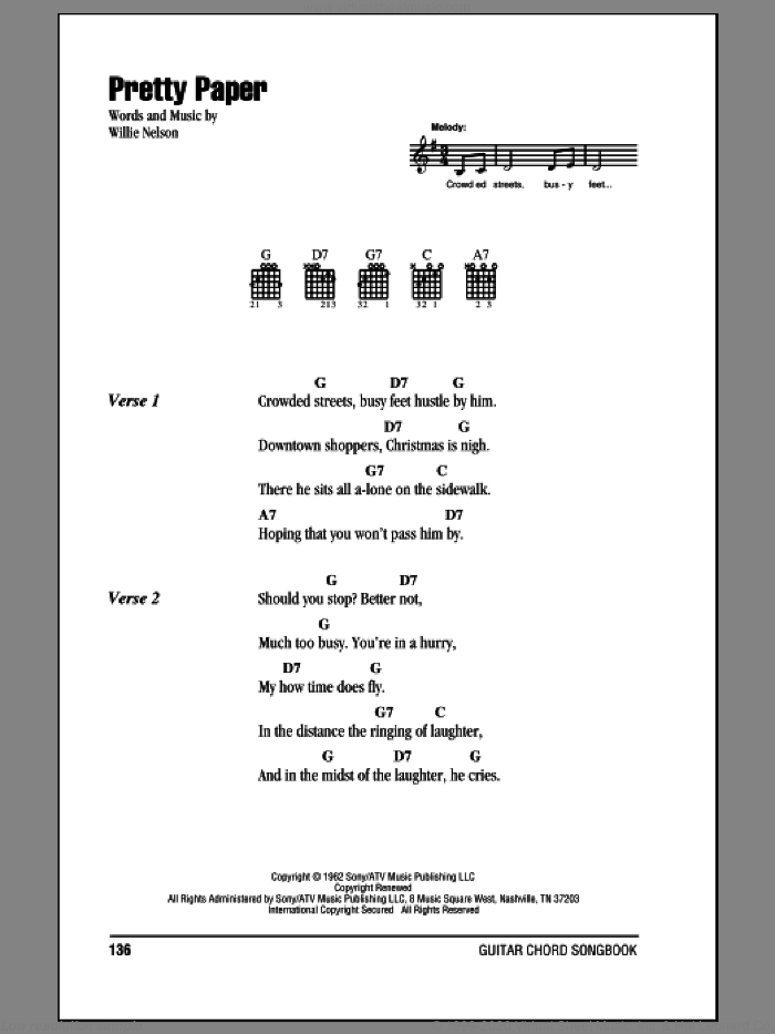 Pretty Paper sheet music for guitar (chords) by Roy Orbison and Willie Nelson, intermediate skill level