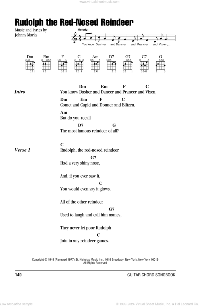 Rudolph The Red-Nosed Reindeer sheet music for guitar (chords) by Johnny Marks, intermediate skill level