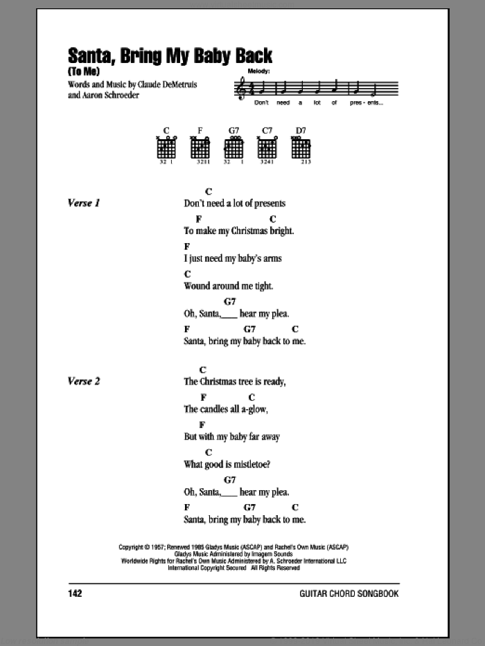 Santa, Bring My Baby Back (To Me) sheet music for guitar (chords) by Elvis Presley, Aaron Schroeder and Claude DeMetruis, intermediate skill level