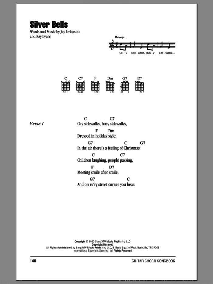 Silver Bells sheet music for guitar (chords) by Jay Livingston and Ray Evans, intermediate skill level