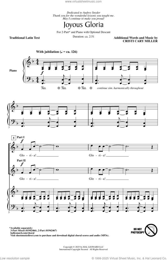 Joyous Gloria sheet music for choir (2-Part) by Cristi Cary Miller and Miscellaneous, intermediate duet
