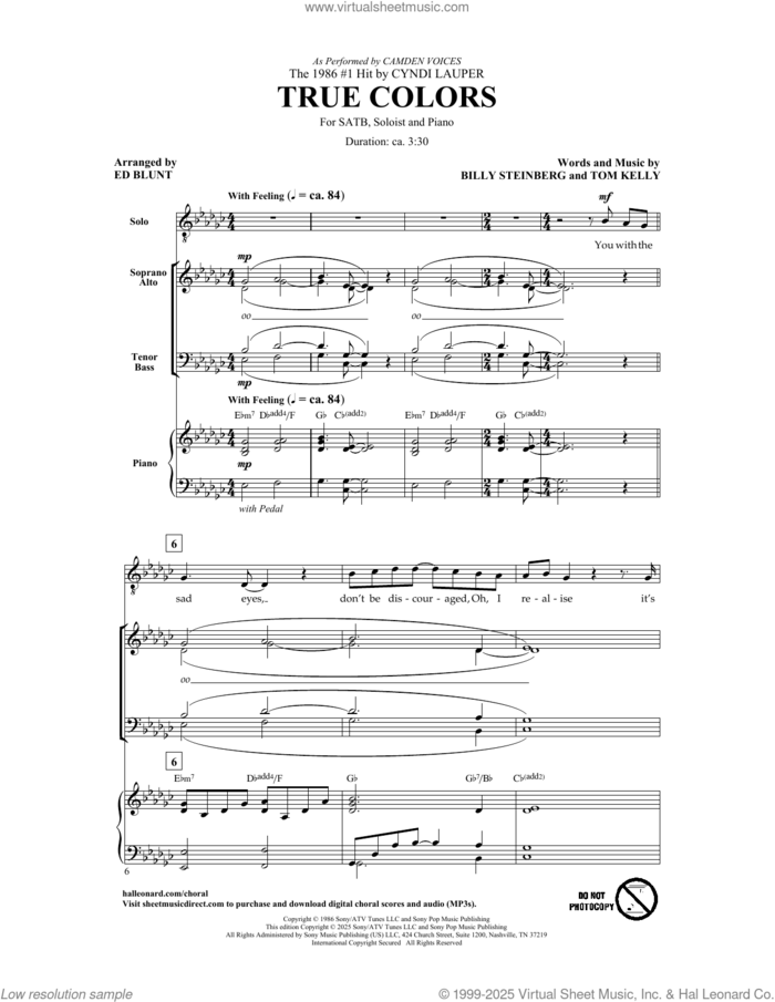 True Colors (arr. Ed Blunt) sheet music for choir (SATB: soprano, alto, tenor, bass) by Cyndi Lauper, Ed Blunt, Billy Steinberg and Tom Kelly, intermediate skill level