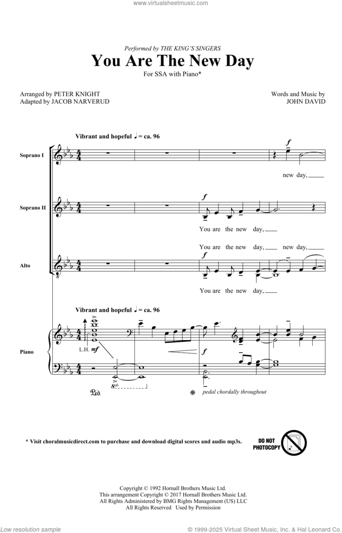 You Are The New Day (arr. Jacob Narverud) sheet music for choir (SSA: soprano, alto) by The King's Singers, Jacob Narverud and John David, intermediate skill level