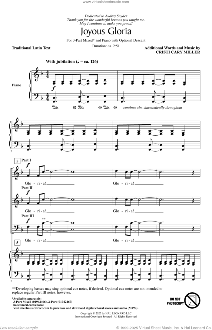 Joyous Gloria sheet music for choir (3-Part Mixed) by Cristi Cary Miller and Miscellaneous, intermediate skill level