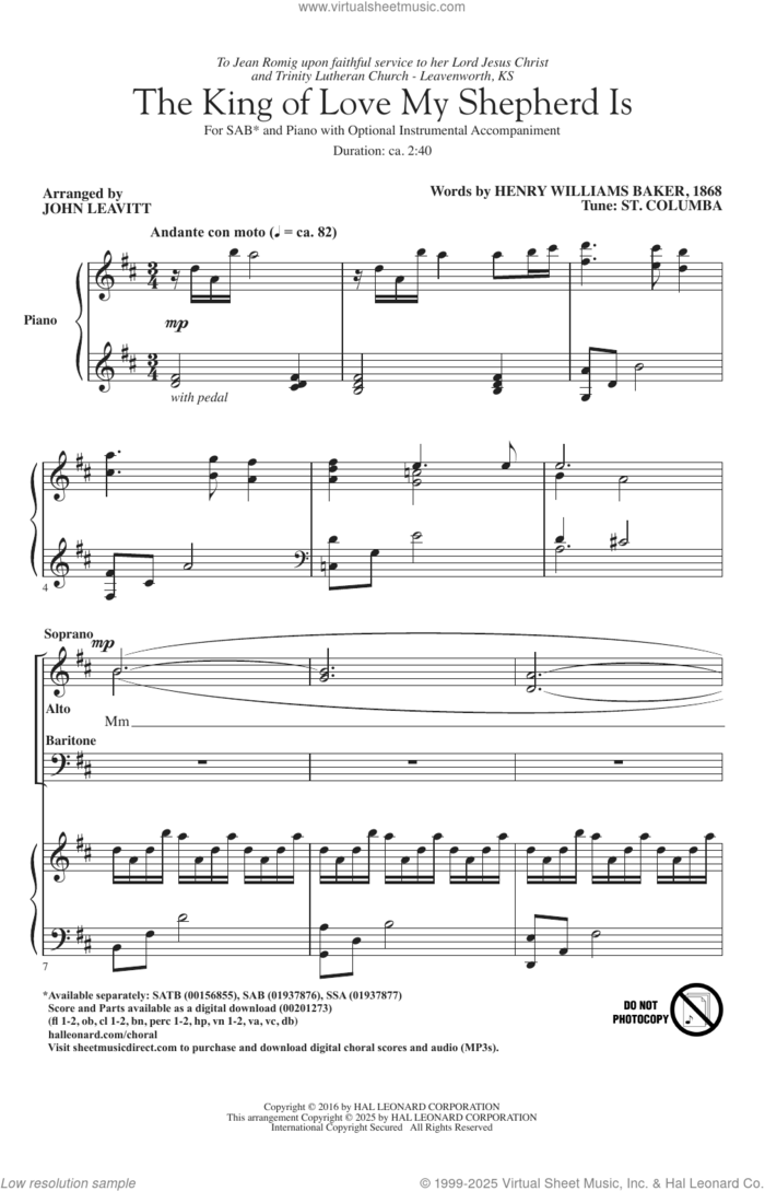 The King Of Love My Shepherd Is (arr. John Leavitt) sheet music for choir (SAB: soprano, alto, bass) by Henry Williams Baker, John Leavitt and Miscellaneous, intermediate skill level