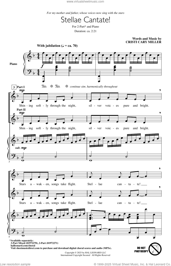 Stellae Cantate! sheet music for choir (2-Part) by Cristi Cary Miller, intermediate duet