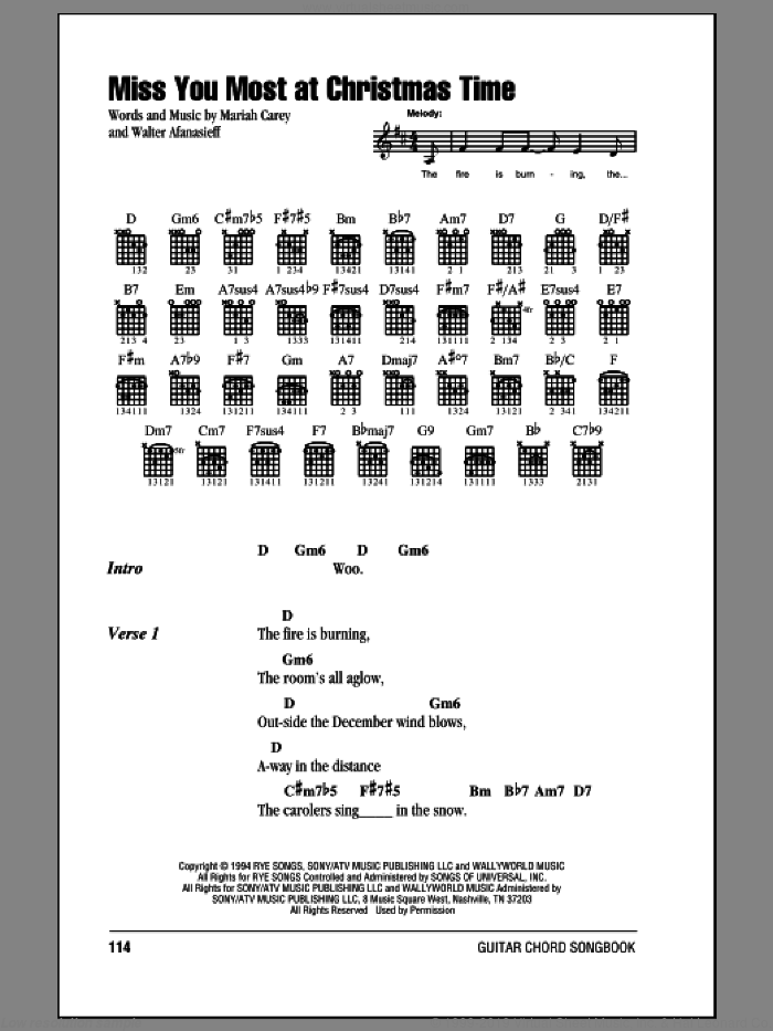 Miss You Most At Christmas Time sheet music for guitar (chords) by Mariah Carey and Walter Afanasieff, intermediate skill level