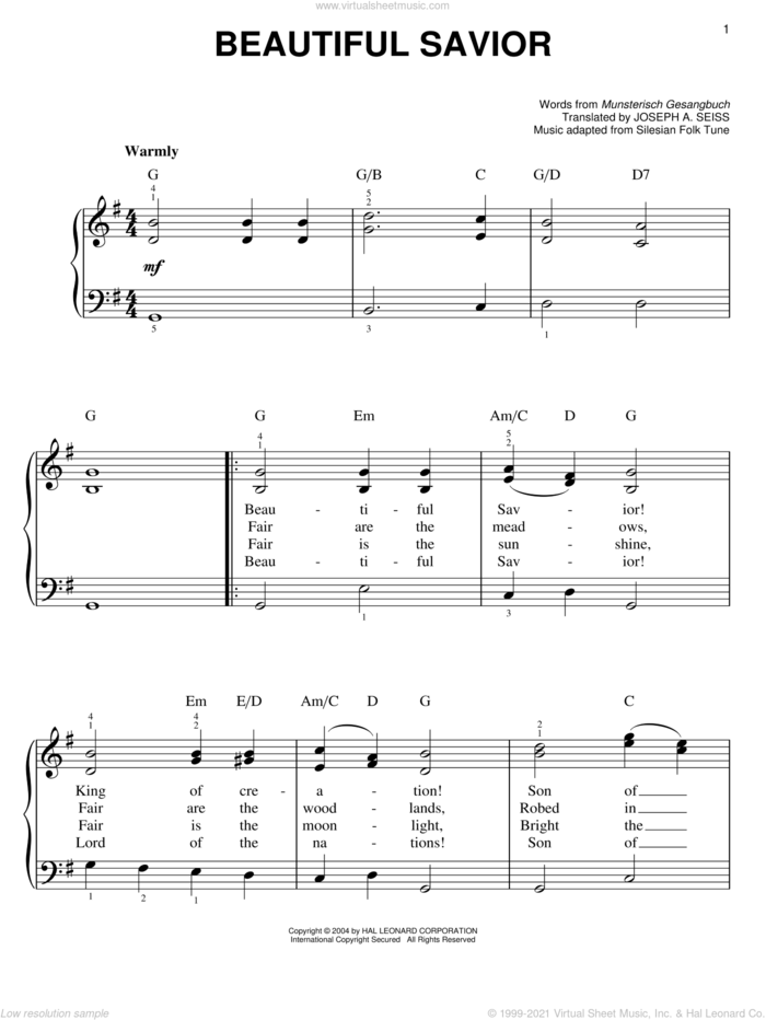 Beautiful Savior sheet music for piano solo by Musterisch Gesangbuch and Joseph August Seiss, easy skill level
