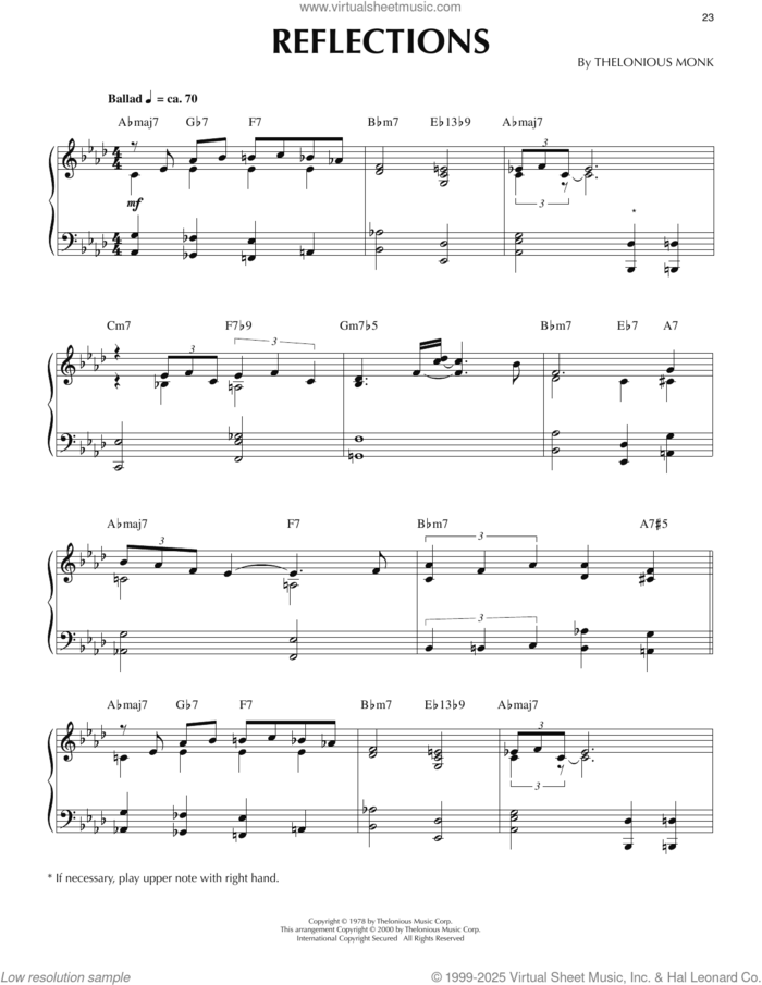 Reflections (arr. Ronnie Mathews) sheet music for piano solo by Thelonious Monk and Ronnie Mathews, intermediate skill level